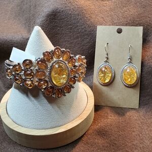 Faux Amber Look Clamper Bracelet & Matching Earrings Set